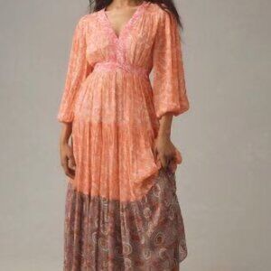 NWT L Anthropologie Mave Sheer Printed Long Sleeve Maxi Dress Large